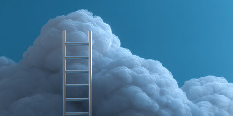 Metal ladder leaning against a large, fluffy cloud formation against a blue sky, symbolizing ambition, achievement, and reaching goals. Free space for text