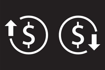 set of cost symbol dollar increase and decrease icon, money, dollar sign with arrow up and down rounded black vector icon.
