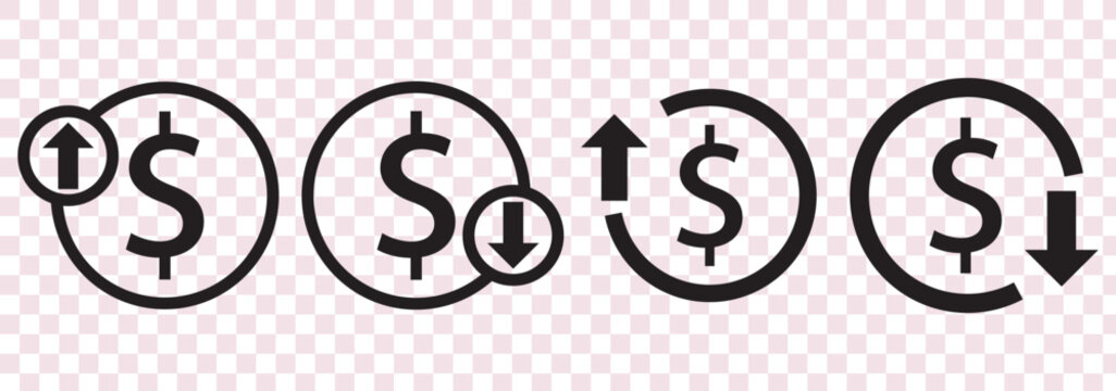 Increase and decrease dollar price icon. Up and down currency arrow sign symbol.