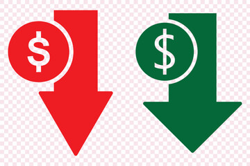 Cost reduction icon. Simple solid style. Dollar low, down, money with arrow, finance, investment, business concept design. Glyph vector illustration isolated on white background. EPS 10.