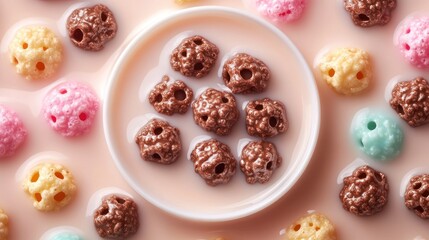 Chocolate cereal balls on a plate surrounded by colorful cereal balls.