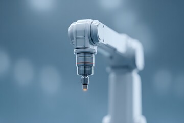 sleek robotic arm intricately working on assembly line front view against backdrop of blurred humans and machinery