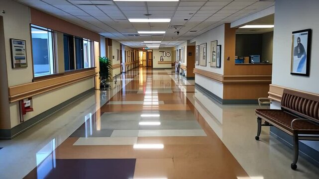 Hospital Corridor: A long, empty hallway of a hospital with well-lit, polished floor that leads into the distance. The clean environment hints at care and accessibility.