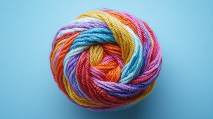 Multicolored yarn ball against blue background showcasing vibrant colors and textures