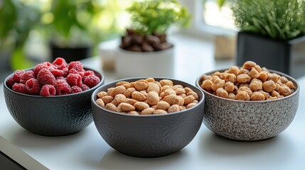 Three bowls containing raspberries and chickpeas are on a surface near plants.