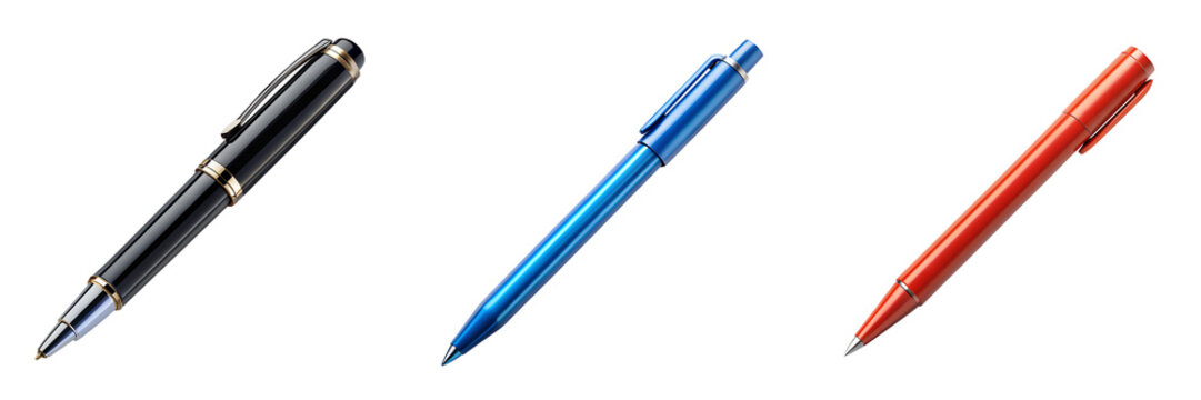 A collection of colorful writing pens office stationery school supplies tools isolated on transparent background.