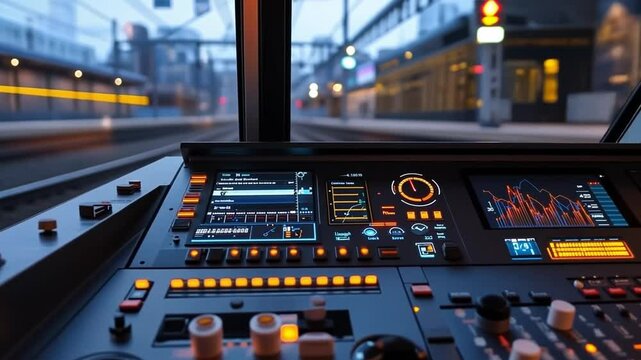 Train Operator's View: A modern train cockpit's control panel with intricate display, capturing the dynamic essence of urban transit at dusk.