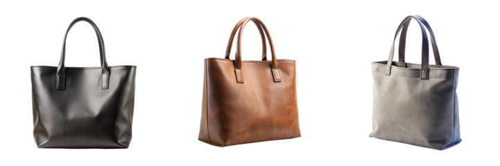 A collection of shop stylish leather tote bags for women trendy accessories isolated on transparent background.
