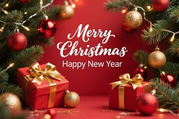 Festive Christmas Gifts With Gold Bows And Ornament Decorations