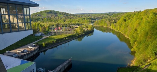 Panoramic view from the Solina Dam on the San River. The Solina Dam is 82 m high, 664 m long and weighs 2 million tons.