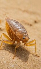 A close-up shot of a small insect sitting on a sandy surface