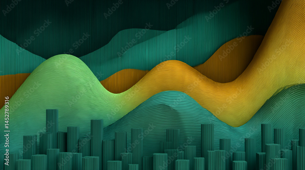 Poster abstract 3d render of green and gold textured waves, featuring a city skyline of green pillars below
