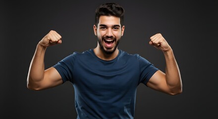Naklejka premium A happy man flexing his arm muscles, celebrating achievement and fitness goals with joy.