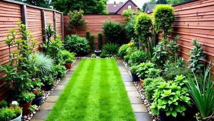 Naklejka premium lush overgrown backyard garden with diy alternatives