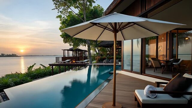 Luxurious overwater villa with infinity pool, sunset view