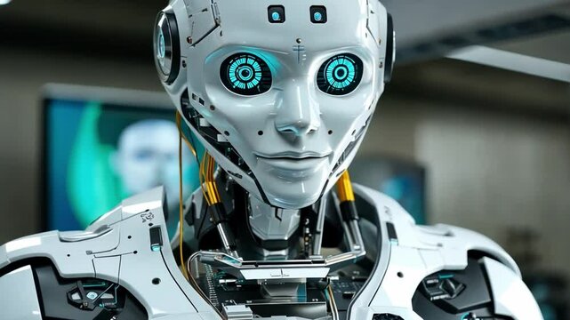 Android: A humanoid android with blue glowing eyes and a white, metallic skin. Its face is designed to replicate human features, with subtle lines and a neutral expression.