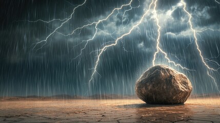 A solitary boulder in an otherwise barren desert land being drenched under pouring rain