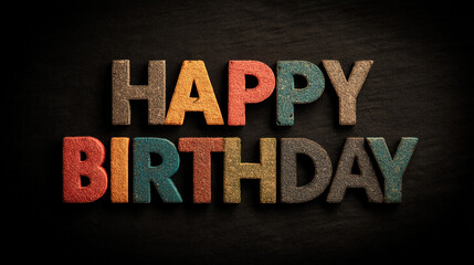 Happy birthday message displayed with colorful textured letters on a dark background surface view