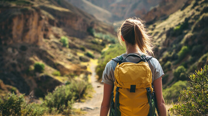 Naklejka premium Woman with yellow backpack hiking on a mountain trail looking at the scenery in the distance on a sunny day