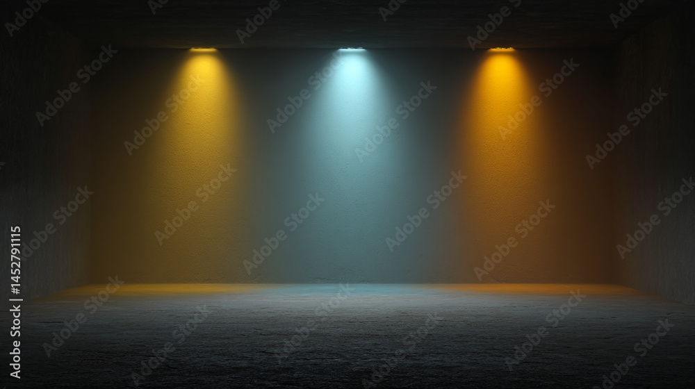 Poster empty room with three spotlights, casting yellow and light-blue light beams on textured wall, creati