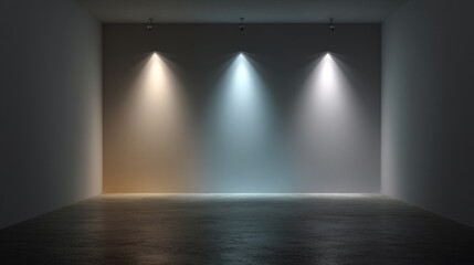 Empty room with three spotlights casting warm, cool, and neutral light on a blank wall, showcasing product display potential or color temperature variations