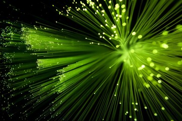 Naklejka premium Vibrant green fiber optic strands radiate in an abstract digital communications scene.