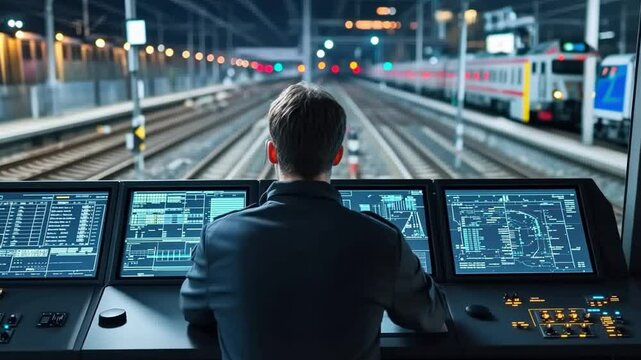 Guiding the Rails: A dedicated train dispatcher expertly monitors the railway, a sea of digital displays illuminate the control room as a train speeds along tracks.