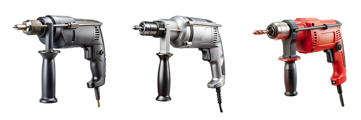 A collection of power drills tools for construction and repair work isolated on transparent background.