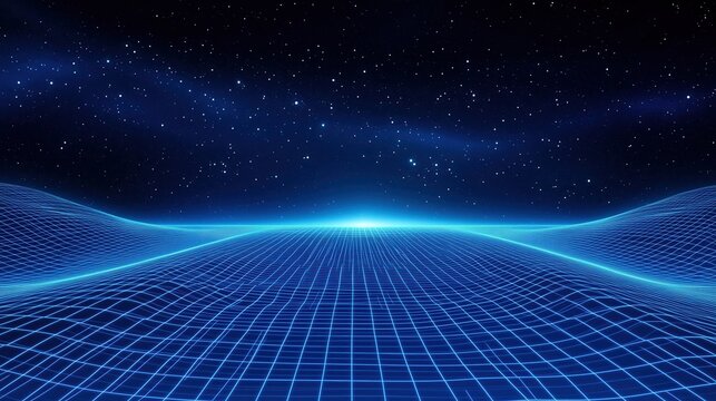 Retro Futuristic Landscape with Grid and Stars