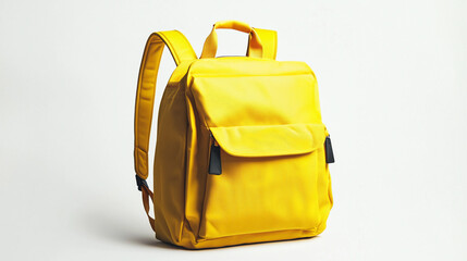 Fototapeta premium A bright yellow backpack with straps and a front pocket isolated on a white background studio shot