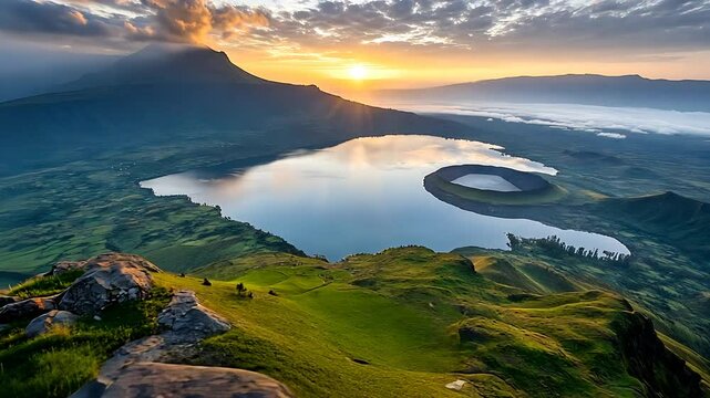 Majestic sunrise over a crater lake nestled in a valley between mountains