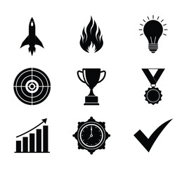 Black and White Achievement Icons Vector – Silhouette Flat Vector Symbols for Business and Success Concepts