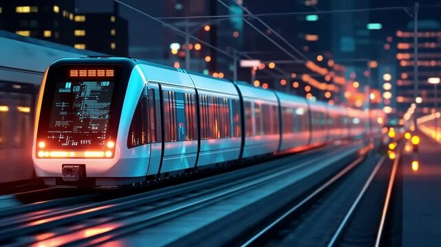 City Lights and Modern Transportation: A sleek, modern train races through the city at night, its bright lights illuminating the tracks and the cityscape beyond.