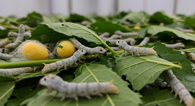 A close-up view of silkworms eating fresh mulberry leaves during silk production.