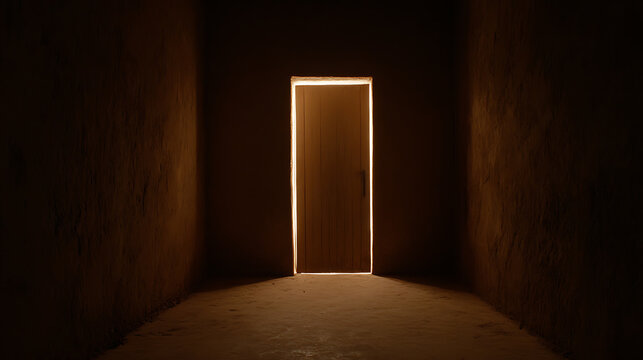 Illuminated doorway beckons from a dark, textured corridor, hinting at mystery and inviting exploration. A stark contrast of light and shadow creates intrigue.