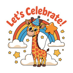 Cute cartoon baby giraffe with party hat and star balloon under rainbow for kids celebration