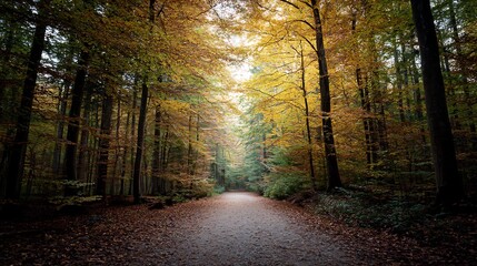 Fototapeta premium Sun-Drenched Path Through a Forest Bathed in Autumnal Hues of Golden Light