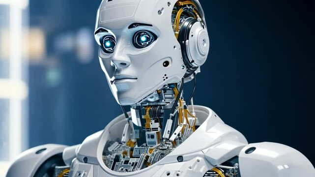 Futuristic AI Companion: A detailed close-up portrait of an advanced humanoid robot, its expressive face and intricate internal components suggesting a leap in artificial intelligence.