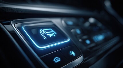 Obraz premium Parking payment gate system Car dashboard controls with illuminated buttons in a dark setting.