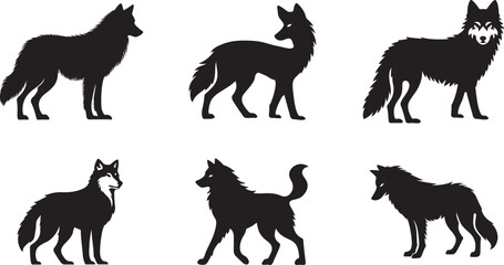 Six Black Wolf Silhouettes Standing on White Background in Different Poses and Directions