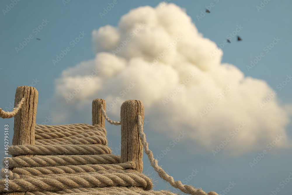 Poster close-up of rope stairs on wooden posts against a cloudy sky, suggesting a journey or path towards t