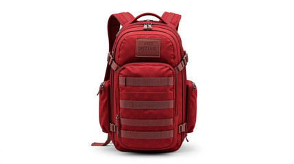 Fototapeta premium Red and Brown Military-Style Backpack with Multiple Pouches and Adjustable Straps.