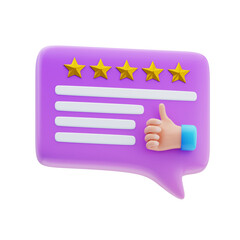 Customer Feedback Speech Bubble with Five Stars and Thumbs Up 3D Rendering for Review Satisfaction