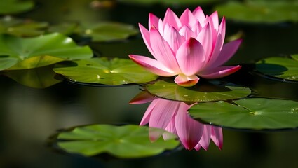 Pink lotus flower in pond: beautiful water lily image