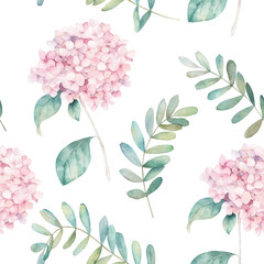 Floral print with pink hydrangea. Watercolor seamless pattern. Hand drawn  illustration on white background