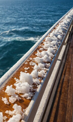 Snow-covered boat railing on the ocean,