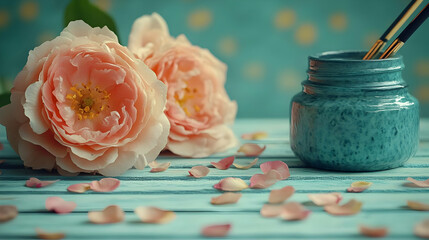 Pastel Pink Roses and Teal Paintbrushes on Rustic Blue Wooden Table