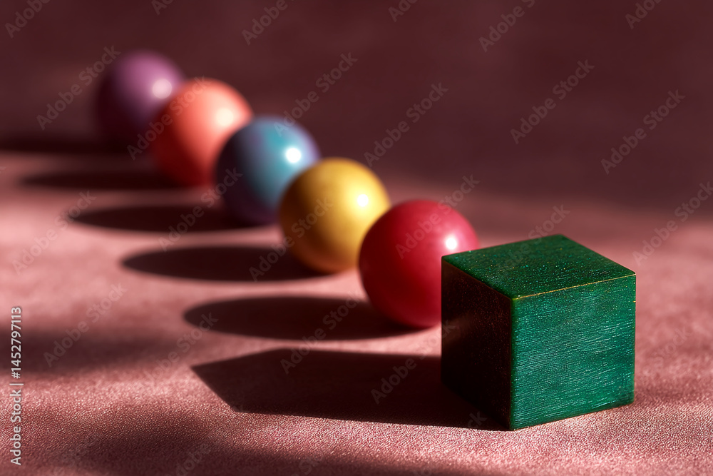 Poster colored spheres and green cube on pink surface, cast shadows, creating a minimalist and geometric co