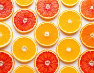 Colorful citrus slices arranged in a geometric minimalist pattern on a white background. Freshness and vitamin-rich concept.