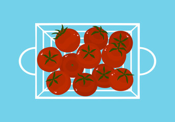 Set of various fresh cherry tomatoes vector illustration. Collection. Healthy food. Red tomatoes in basket. Top view. Ripe organic vegetable and fruit farm product. Isolated flat design cute.